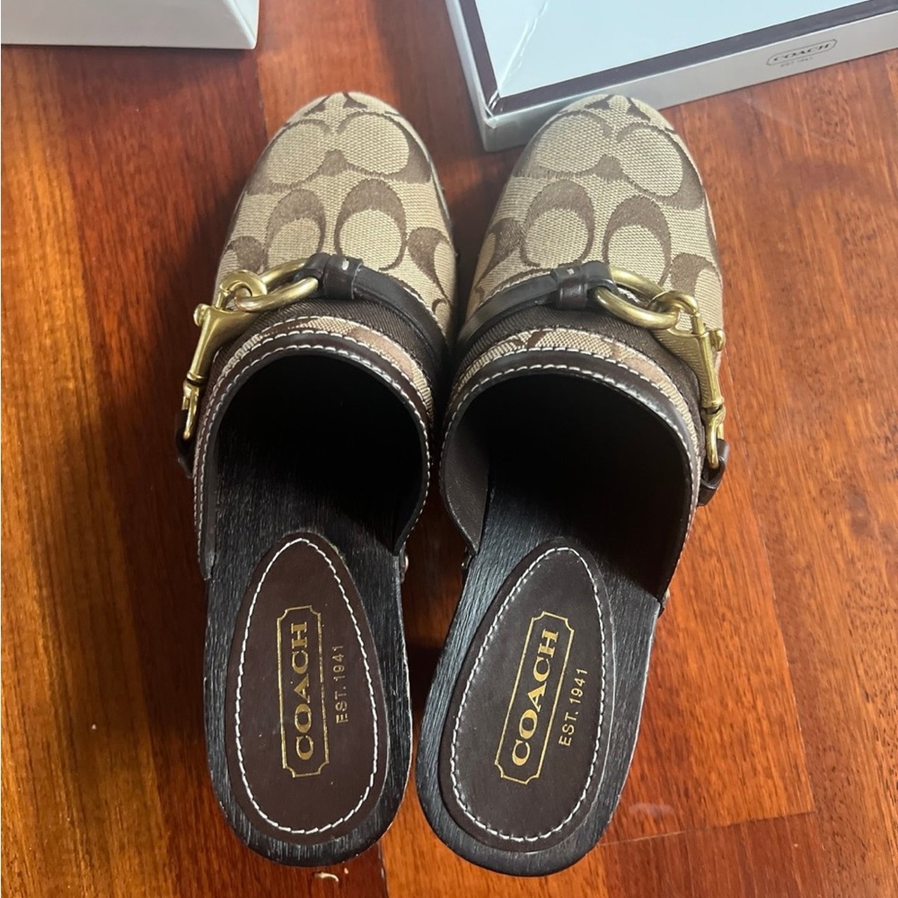 Coach Tan and Brown Mules with Gold Detail